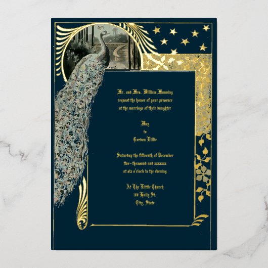  Art Nouveau Peacock Folie Uitnodiging (Voorkant)