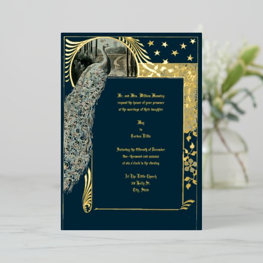  Art Nouveau Peacock Folie Uitnodiging (Staand Voorkant)