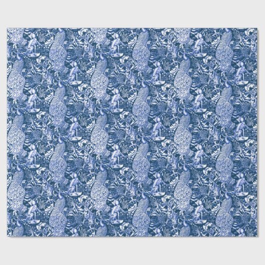 Art Nouveau Peacock Print, blauw en wit Cadeaupapier (Vlak)