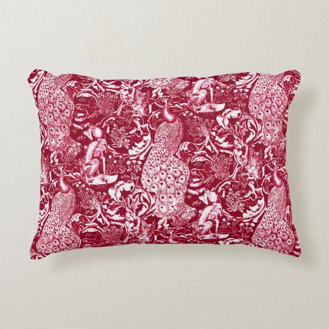 Art Nouveau Peacock Print, Bourgogne Accent Kussen (Voorkant)
