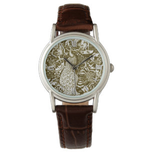 Art Nouveau Peacock Print, Brown en Cream Horloge