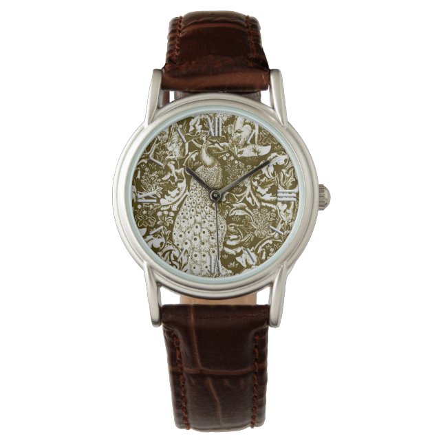 Art Nouveau Peacock Print, Brown en Cream Horloge (Voorkant)