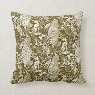 Art Nouveau Peacock Print, Brown en Cream Kussen