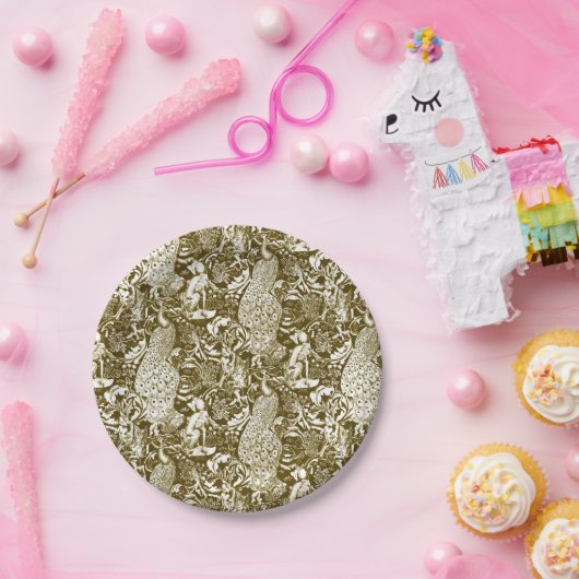 Art Nouveau Peacock Print, Brown en Cream Papieren Bordje (Feest)