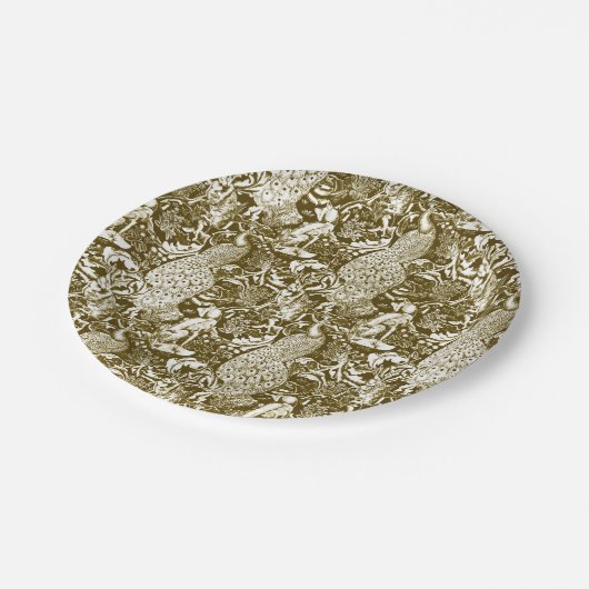 Art Nouveau Peacock Print, Brown en Cream Papieren Bordje (Gekanteld)