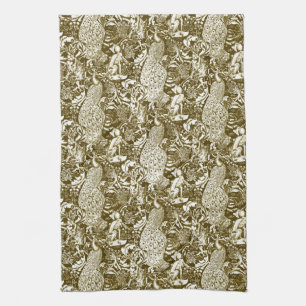 Art Nouveau Peacock Print, Brown en Cream Theedoek