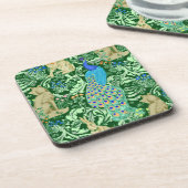 Art Nouveau Peacock Print, Cobalt Blue en Green Bier Onderzetter (Linkerzijde)