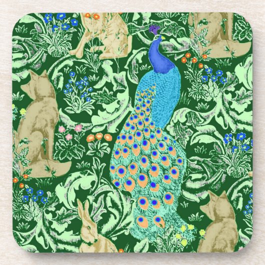 Art Nouveau Peacock Print, Cobalt Blue en Green Bier Onderzetter (Voorkant)
