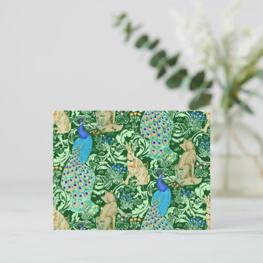 Art Nouveau Peacock Print, Cobalt Blue en Green Briefkaart (Staand voorkant)