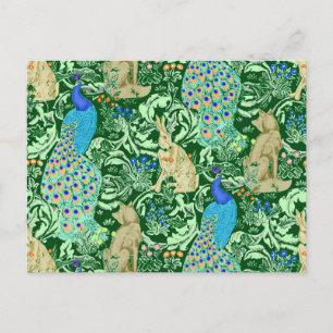 Art Nouveau Peacock Print, Cobalt Blue en Green Briefkaart