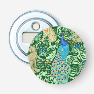 Art Nouveau Peacock Print, Cobalt Blue en Green Button Flesopener