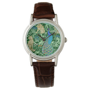 Art Nouveau Peacock Print, Cobalt Blue en Green Horloge