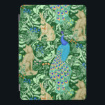 Art Nouveau Peacock Print, Cobalt Blue en Green iPad Pro Cover<br><div class="desc">Kunst Nieuw-veau patroon gebaseerd op een  wandtapijt van William Morris geïnspireerd weefsel dat een bosgebied weergeeft met pauzes,  hazen en vossen,  digitaal gemaakt in kobalt blauw,  turquoise en neutraal op een donkerbos groene achtergrond voor de blik van een traditionele tapestry</div>
