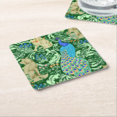 Art Nouveau Peacock Print, Cobalt Blue en Green Kartonnen Onderzetters (Schuin)