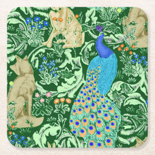 Art Nouveau Peacock Print, Cobalt Blue en Green Kartonnen Onderzetters