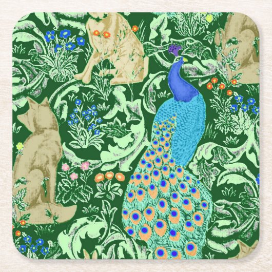 Art Nouveau Peacock Print, Cobalt Blue en Green Kartonnen Onderzetters (Voorkant)