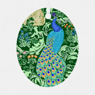 Art Nouveau Peacock Print, Cobalt Blue en Green Metalen Ornament