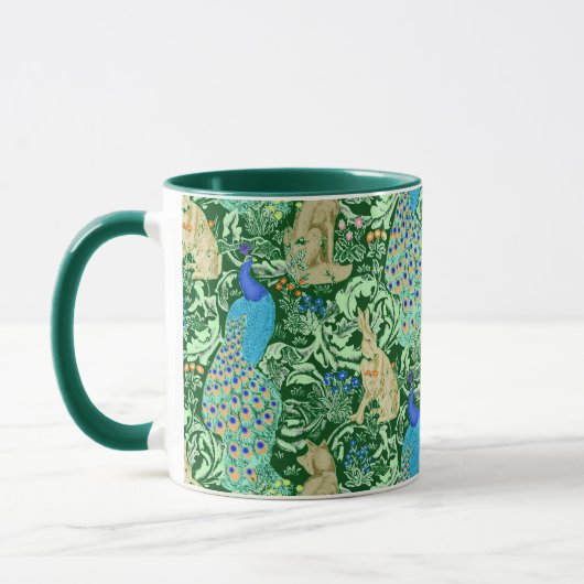 Art Nouveau Peacock Print, Cobalt Blue en Green Mok (Links)