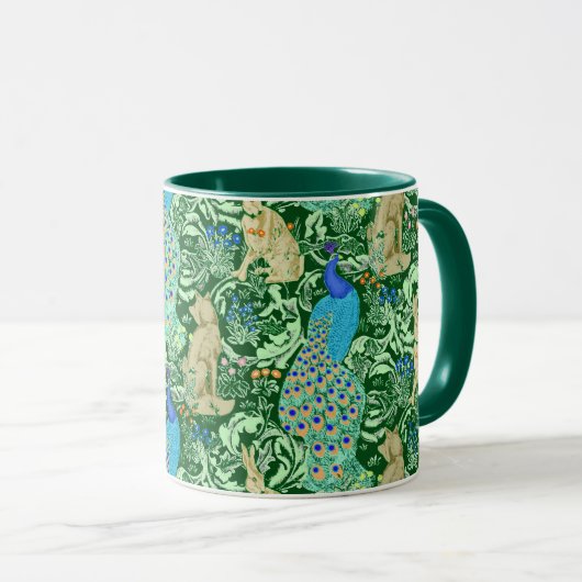 Art Nouveau Peacock Print, Cobalt Blue en Green Mok (Voorkant rechts)