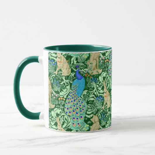 Art Nouveau Peacock Print, Cobalt Blue en Green Mok (Links)