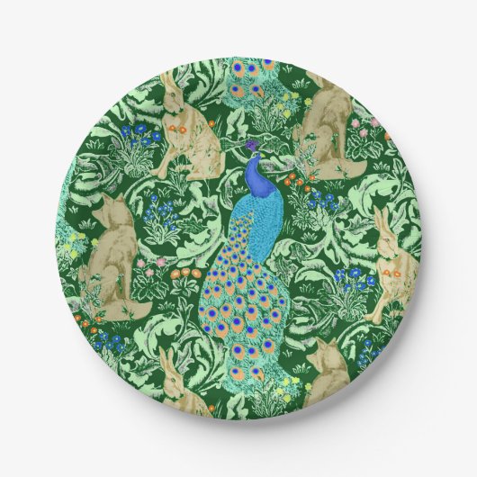 Art Nouveau Peacock Print, Cobalt Blue en Green Papieren Bordje (Voorkant)