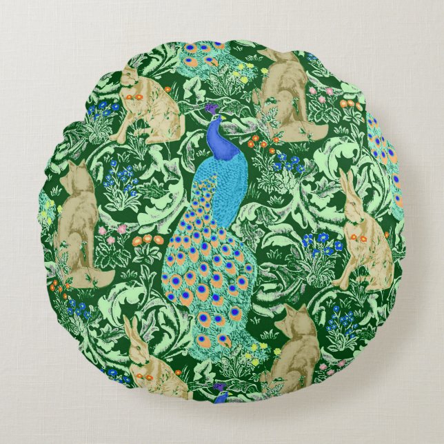 Art Nouveau Peacock Print, Cobalt Blue en Green Rond Kussen (Voorkant)