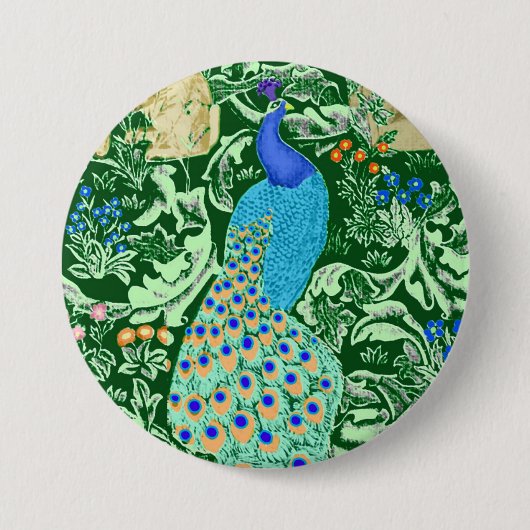 Art Nouveau Peacock Print, Cobalt Blue en Green Ronde Button 7,6 Cm (Voorkant)