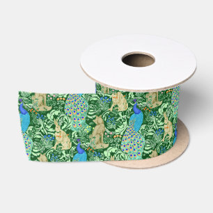 Art Nouveau Peacock Print, Cobalt Blue en Green Satijnen Lint