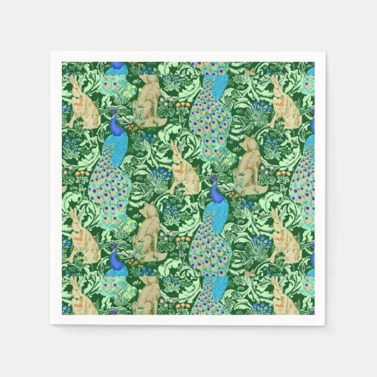 Art Nouveau Peacock Print, Cobalt Blue en Green Servetten (Voorkant)