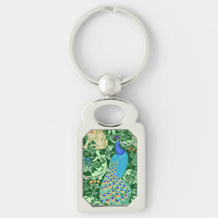 Art Nouveau Peacock Print, Cobalt Blue en Green Sleutelhanger