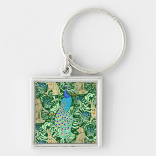 Art Nouveau Peacock Print, Cobalt Blue en Green Sleutelhanger