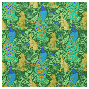 Art Nouveau Peacock Print, Cobalt Blue en Green Stof