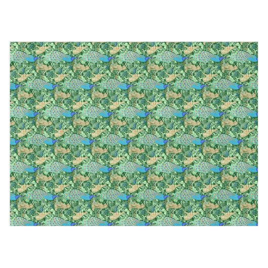 Art Nouveau Peacock Print, Cobalt Blue en Green Tafelkleed (Voorkant (Horizontaal))