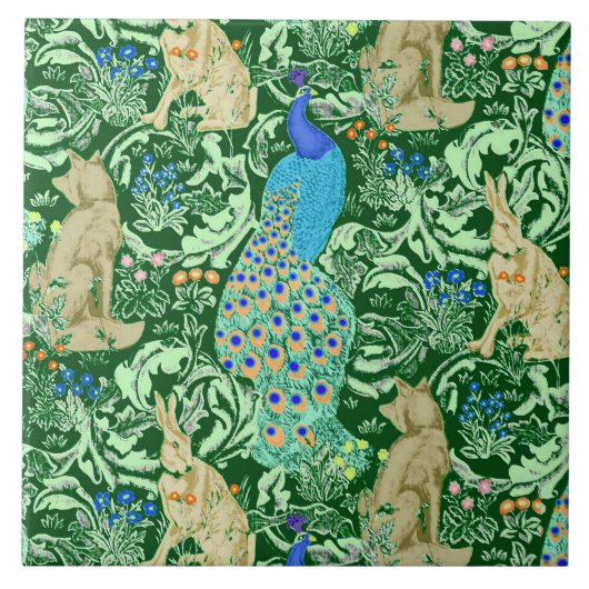 Art Nouveau Peacock Print, Cobalt Blue en Green Tegeltje (Voorkant)