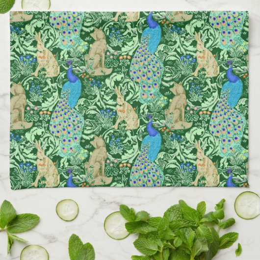 Art Nouveau Peacock Print, Cobalt Blue en Green Theedoek (Gevouwen)