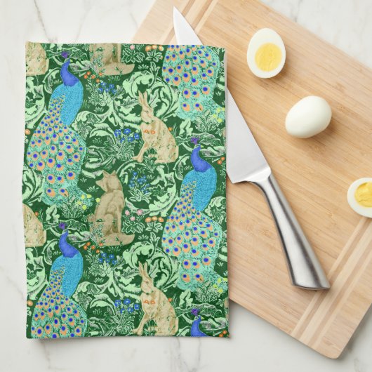 Art Nouveau Peacock Print, Cobalt Blue en Green Theedoek (Quarter Fold)