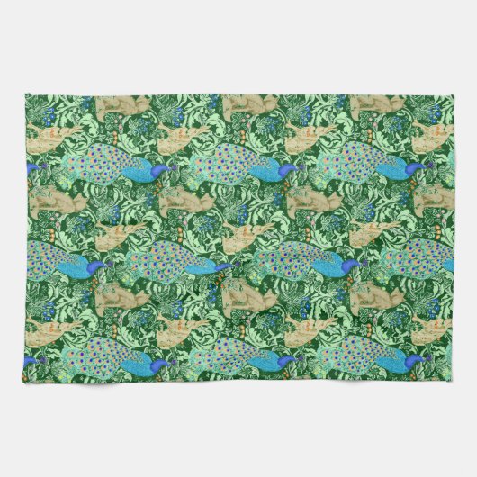 Art Nouveau Peacock Print, Cobalt Blue en Green Theedoek (Horizontaal)