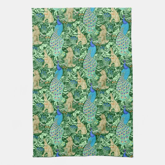 Art Nouveau Peacock Print, Cobalt Blue en Green Theedoek (Verticaal)