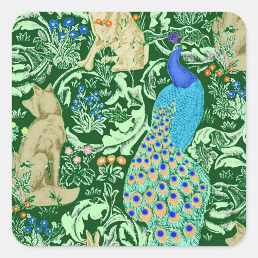 Art Nouveau Peacock Print, Cobalt Blue en Green Vierkante Sticker (Voorkant)