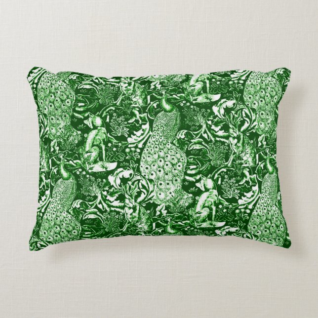 Art Nouveau Peacock Print, Forest Green Decoratief Kussen (Voorkant)