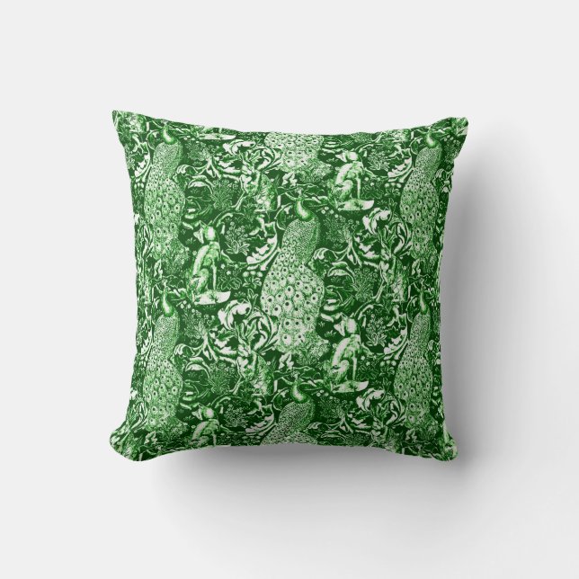Art Nouveau Peacock Print, Forest Green Kussen (Voorkant)