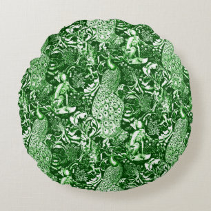 Art Nouveau Peacock Print, Forest Green Rond Kussen