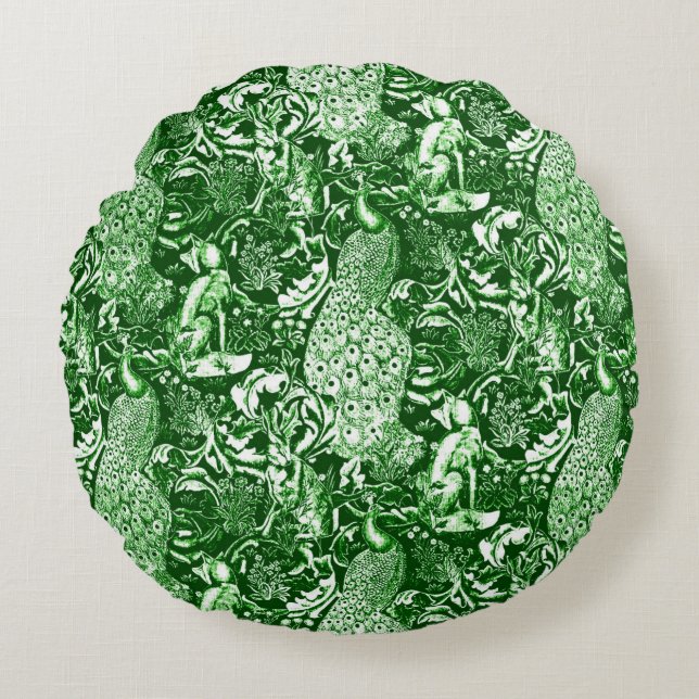 Art Nouveau Peacock Print, Forest Green Rond Kussen (Voorkant)