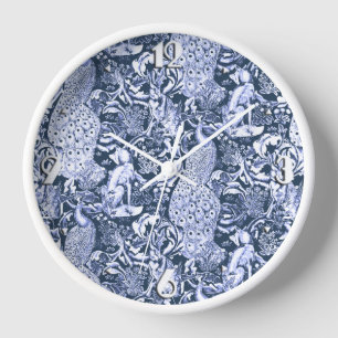 Art Nouveau Peacock Print, Navy and White