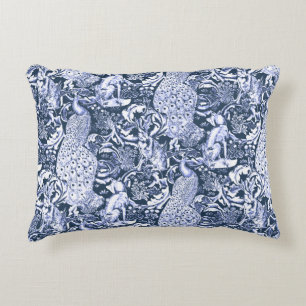 Art Nouveau Peacock Print, Navy and White Accent Kussen