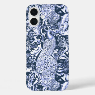 Art Nouveau Peacock Print, Navy and White iPhone 16 Plus Hoesje