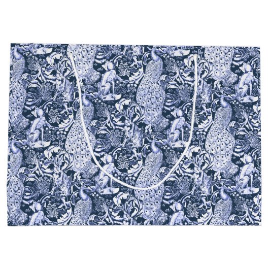 Art Nouveau Peacock Print, Navy and White Large Cadeautasje (Achterkant)