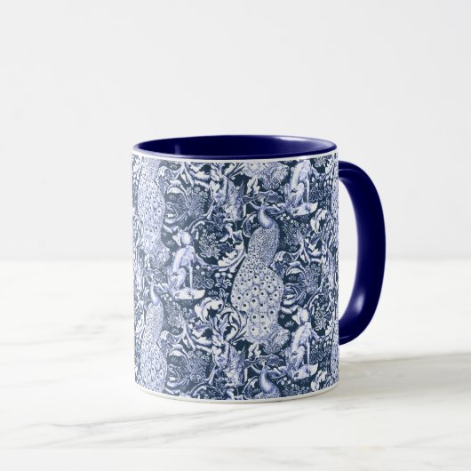 Art Nouveau Peacock Print, Navy and White Mok (Voorkant rechts)