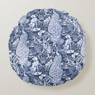 Art Nouveau Peacock Print, Navy and White Rond Kussen