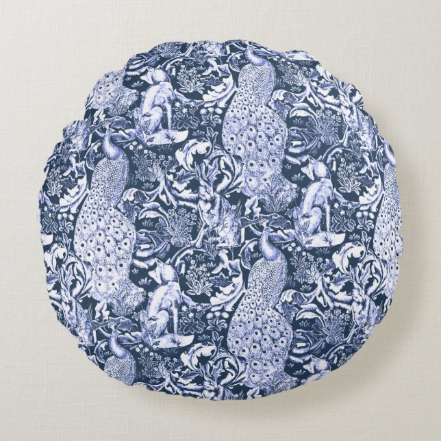 Art Nouveau Peacock Print, Navy and White Rond Kussen (Voorkant)